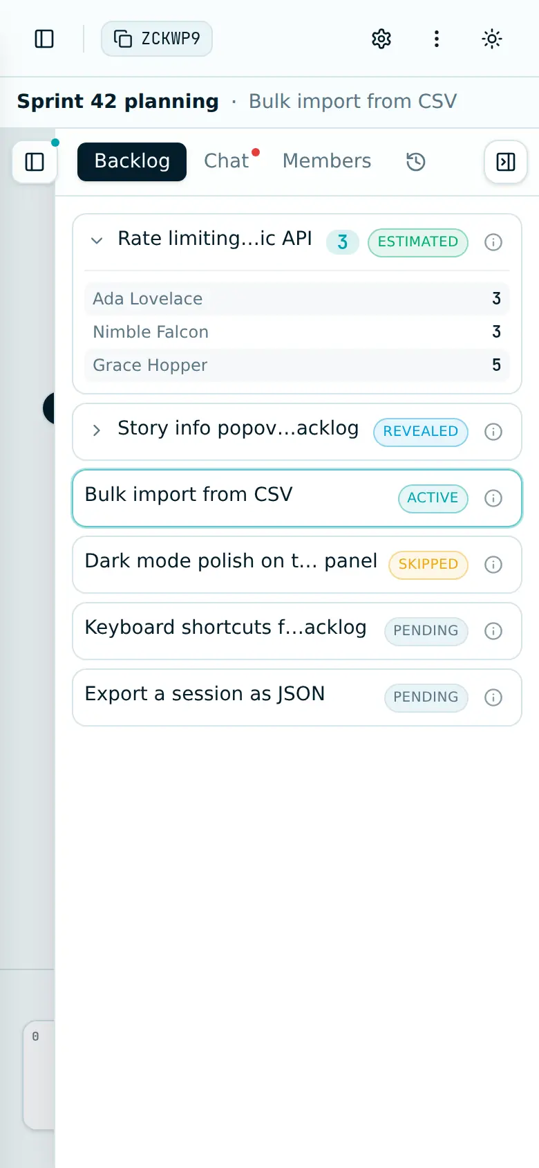 The backlog panel open on a phone, listing stories as estimated, revealed, active, skipped and pending, with one expanded to show who voted what.